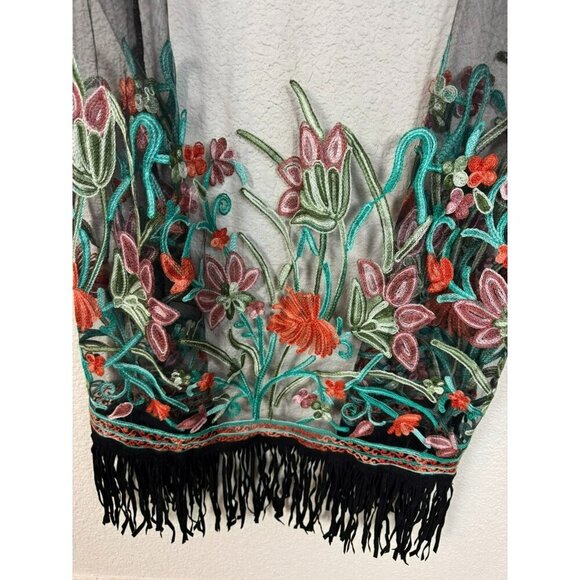 Womens Kimono Cover Up Long Size XXL Black Sheer Floral Embroidered Fringed - Picture 12 of 13